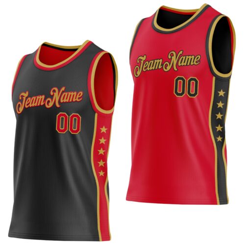 Custom Reversible Black Red-Old Gold Double Side Star Sublimation Basketball Suit Jersey