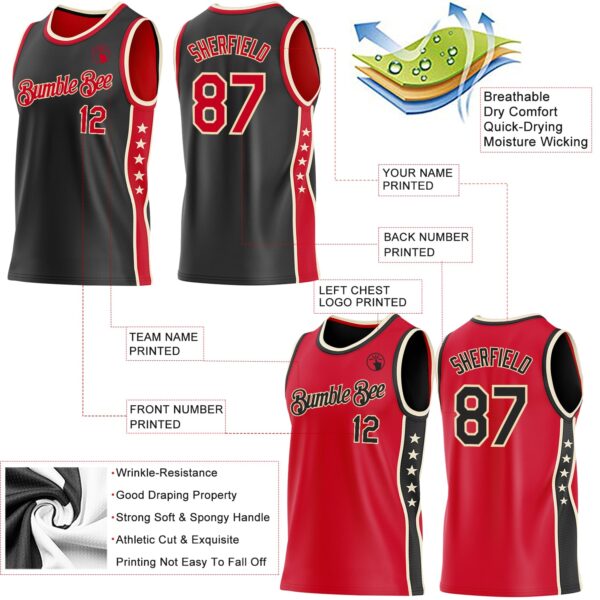 Custom Reversible Black Red-Cream Double Side Star Sublimation Basketball Suit Jersey