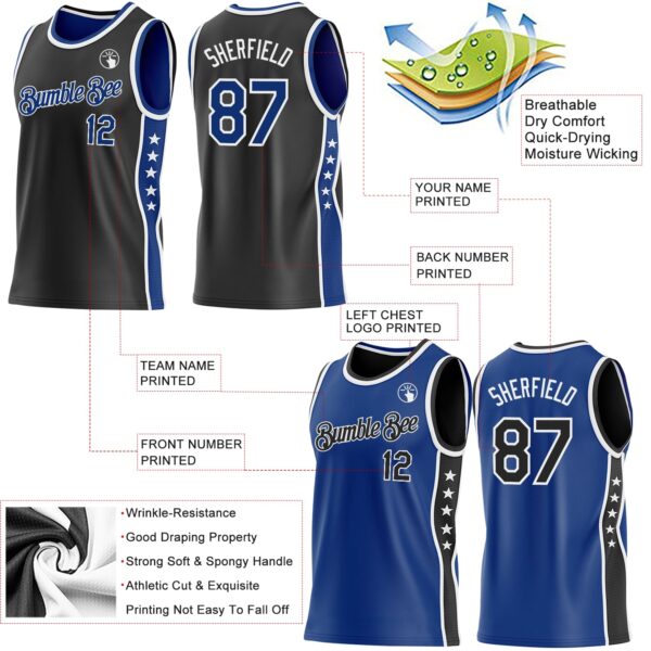 Custom Reversible Black Royal-White Double Side Star Sublimation Basketball Suit Jersey