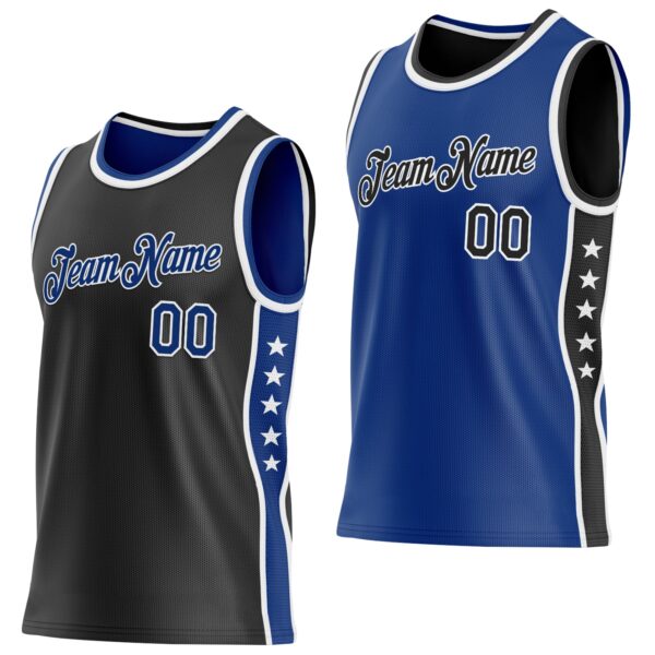 Custom Reversible Black Royal-White Double Side Star Sublimation Basketball Suit Jersey