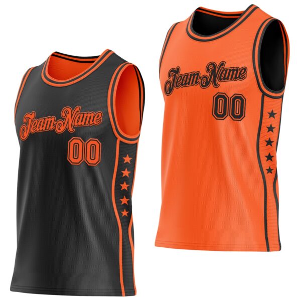 Custom Reversible Black Orange Double Side Star Sublimation Basketball Suit Jersey