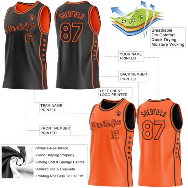 Custom Reversible Black Orange Double Side Star Sublimation Basketball Suit Jersey