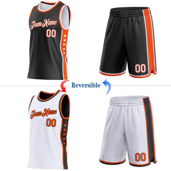 Custom Reversible Black White-Orange Double Side Star Sublimation Basketball Suit Jersey