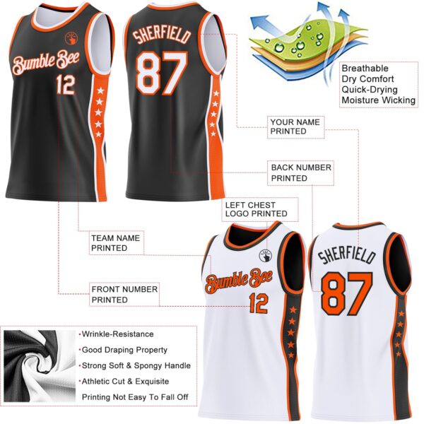 Custom Reversible Black White-Orange Double Side Star Sublimation Basketball Suit Jersey