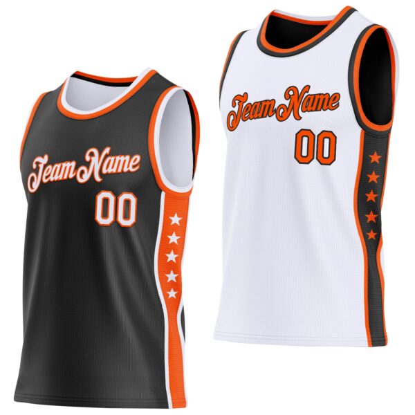 Custom Reversible Black White-Orange Double Side Star Sublimation Basketball Suit Jersey