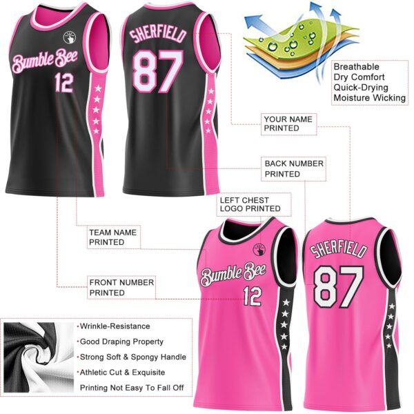 Custom Reversible Black White-Pink Double Side Star Sublimation Basketball Suit Jersey