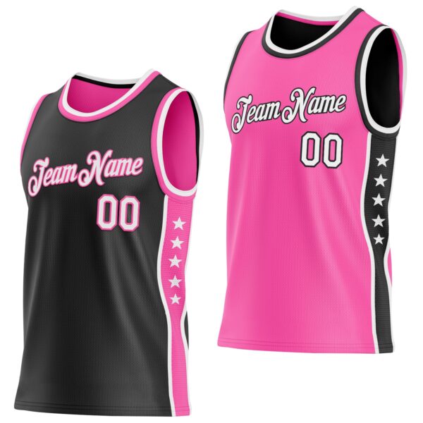 Custom Reversible Black White-Pink Double Side Star Sublimation Basketball Suit Jersey