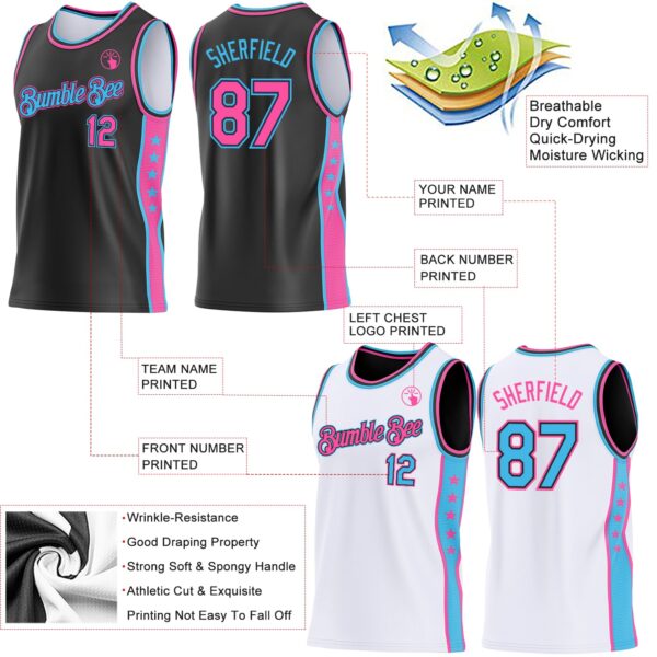 Custom Reversible Black Pink-Sky Blue Double Side Star Sublimation Basketball Suit Jersey