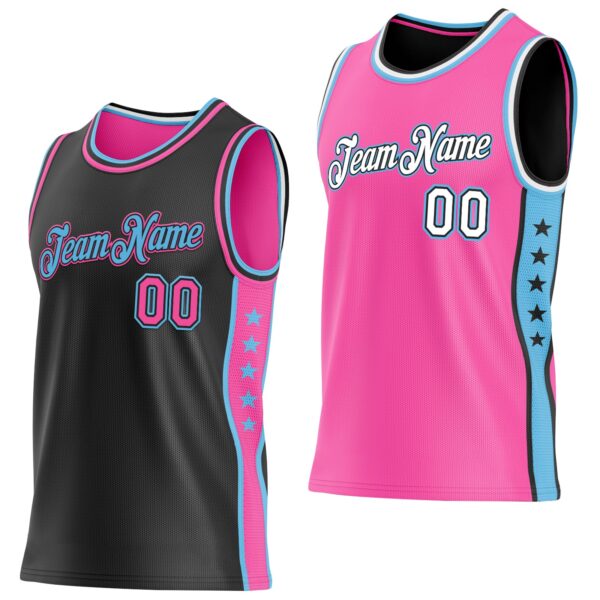 Custom Reversible Black Pink-Sky Blue Double Side Star Sublimation Basketball Suit Jersey