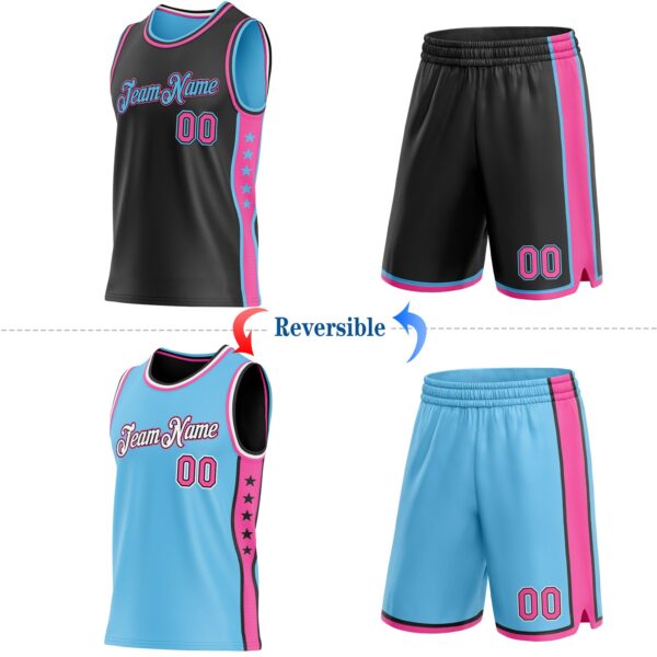 Custom Reversible Black Pink-Sky Blue Double Side Star Sublimation Basketball Suit Jersey