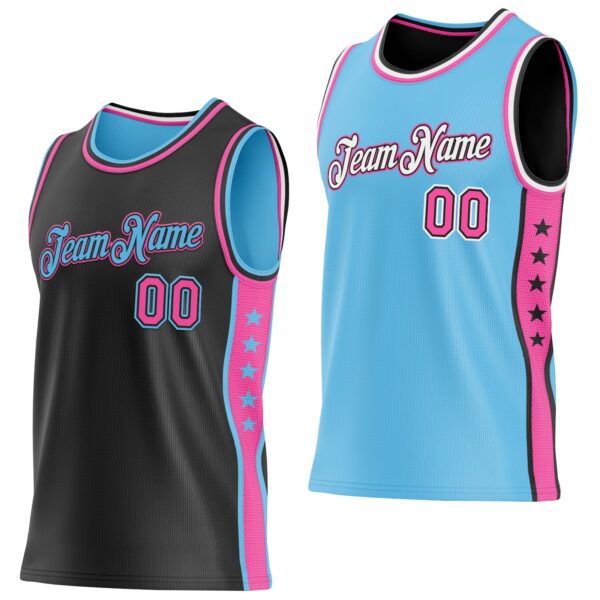 Custom Reversible Black Pink-Sky Blue Double Side Star Sublimation Basketball Suit Jersey