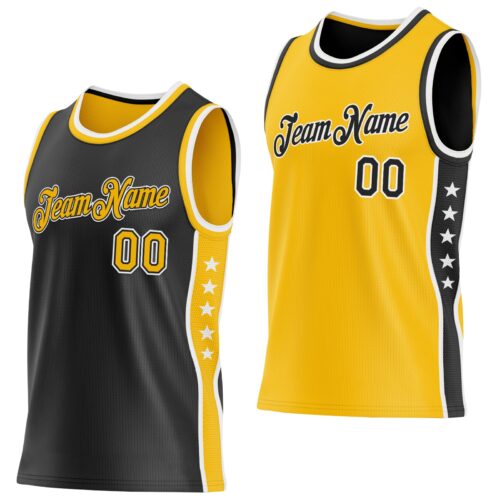 Custom Reversible Black Gold-White Double Side Star Sublimation Basketball Suit Jersey