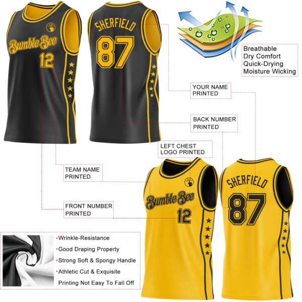 Custom Reversible Black Gold Double Side Star Sublimation Basketball Suit Jersey