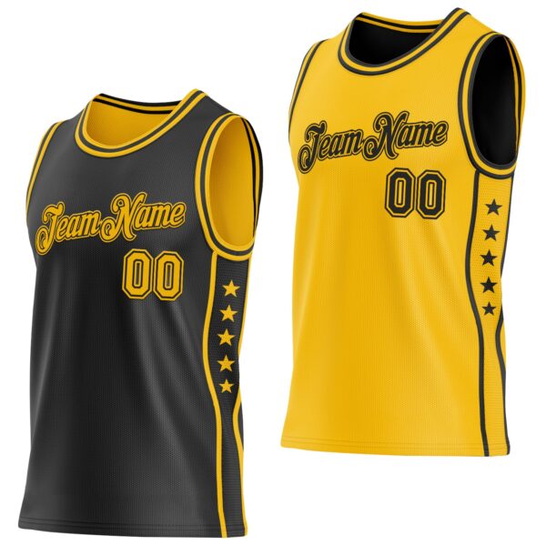 Custom Reversible Black Gold Double Side Star Sublimation Basketball Suit Jersey