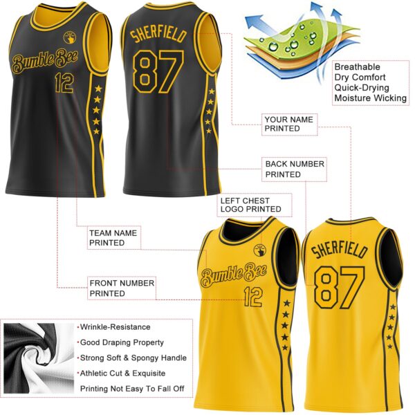 Custom Reversible Black Gold Double Side Star Sublimation Basketball Suit Jersey