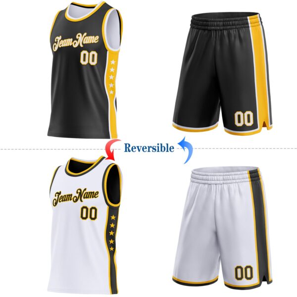 Custom Reversible Black White-Gold Double Side Star Sublimation Basketball Suit Jersey