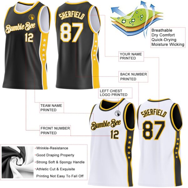 Custom Reversible Black White-Gold Double Side Star Sublimation Basketball Suit Jersey