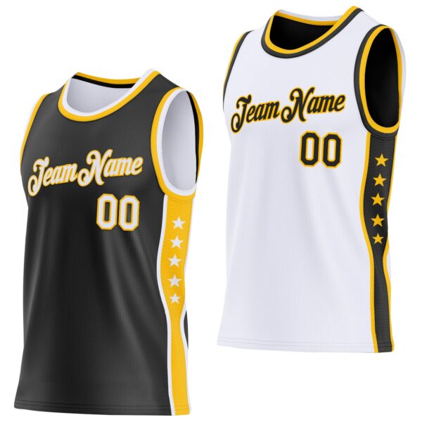 Custom Reversible Black White-Gold Double Side Star Sublimation Basketball Suit Jersey