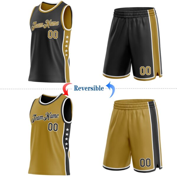 Custom Reversible Black Old Gold-White Double Side Star Sublimation Basketball Suit Jersey