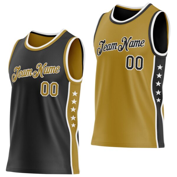 Custom Reversible Black Old Gold-White Double Side Star Sublimation Basketball Suit Jersey