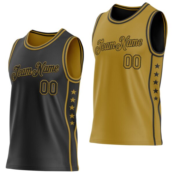 Custom Reversible Black Old Gold Double Side Star Sublimation Basketball Suit Jersey