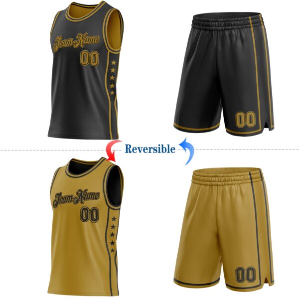 Custom Reversible Black Old Gold Double Side Star Sublimation Basketball Suit Jersey