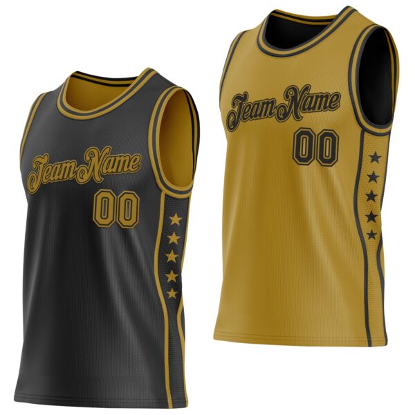 Custom Reversible Black Old Gold Double Side Star Sublimation Basketball Suit Jersey