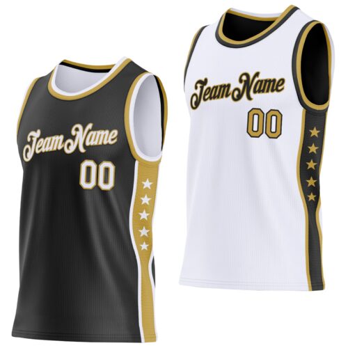 Custom Reversible Black White-Old Gold Double Side Star Sublimation Basketball Suit Jersey