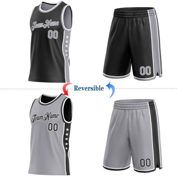 Custom Reversible Black Gray-White Double Side Star Sublimation Basketball Suit Jersey