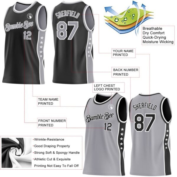 Custom Reversible Black Gray-White Double Side Star Sublimation Basketball Suit Jersey