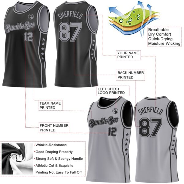 Custom Reversible Black Gray Double Side Star Sublimation Basketball Suit Jersey