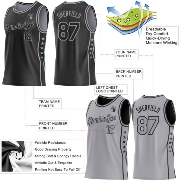 Custom Reversible Black Gray Double Side Star Sublimation Basketball Suit Jersey