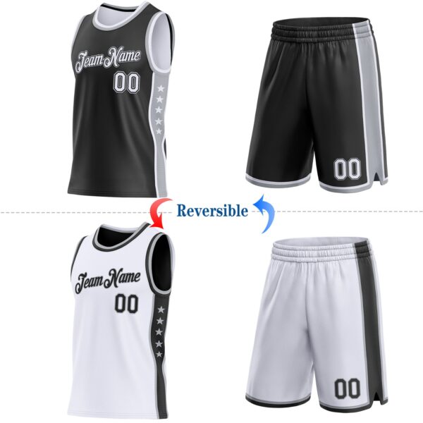 Custom Reversible Black White-Gray Double Side Star Sublimation Basketball Suit Jersey