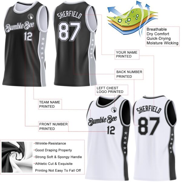 Custom Reversible Black White-Gray Double Side Star Sublimation Basketball Suit Jersey