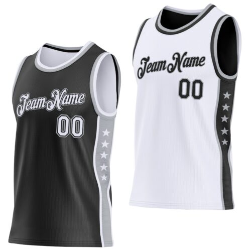 ReversibleD0249 Custom Reversible Black White-Gray Double Side Star Sublimation Basketball Suit Jersey