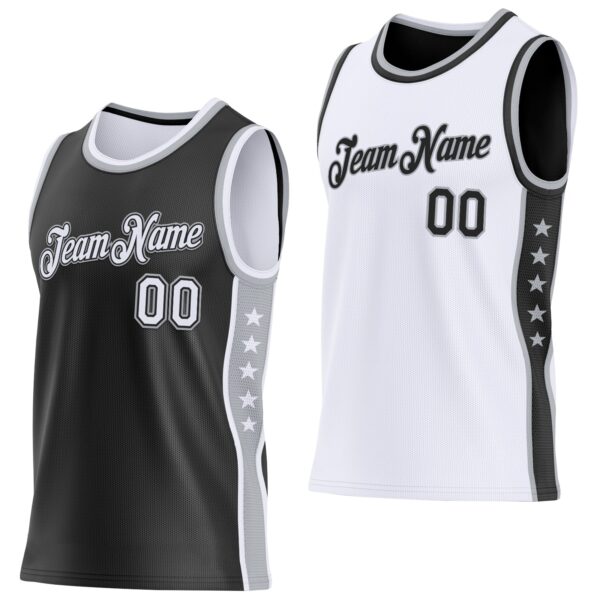 Custom Reversible Black White-Gray Double Side Star Sublimation Basketball Suit Jersey