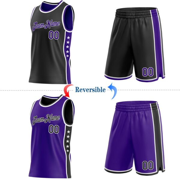 Custom Reversible Black Purple-White Double Side Star Sublimation Basketball Suit Jersey