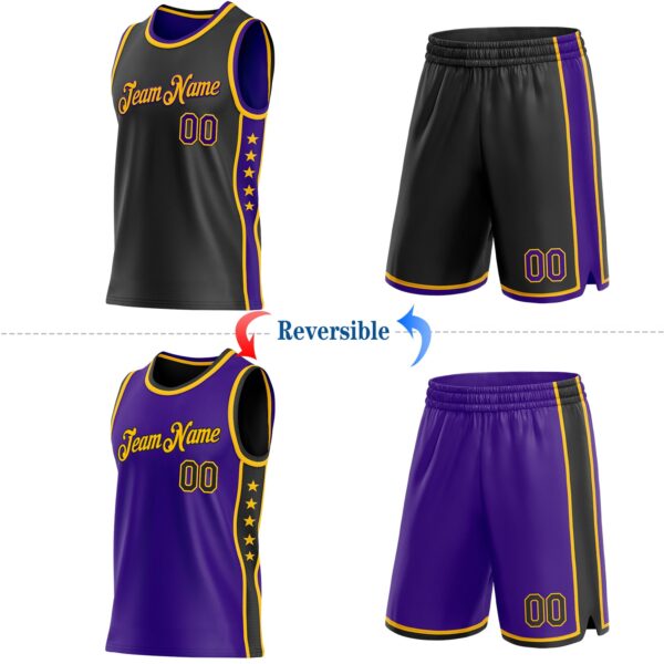 Custom Reversible Black Purple-Gold Double Side Star Sublimation Basketball Suit Jersey