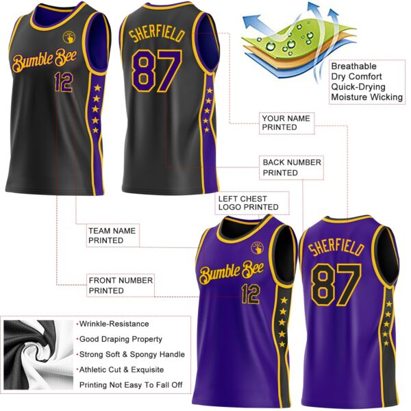Custom Reversible Black Purple-Gold Double Side Star Sublimation Basketball Suit Jersey