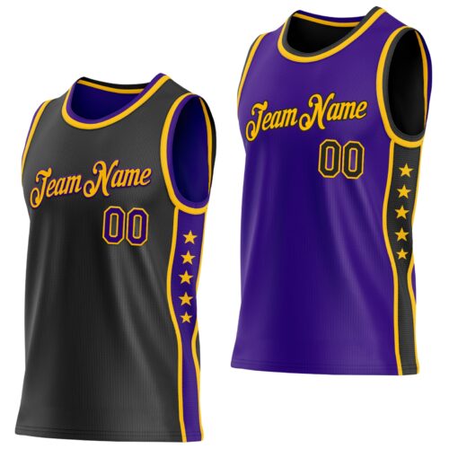 ReversibleD0251 Custom Reversible Black Purple-Gold Double Side Star Sublimation Basketball Suit Jersey
