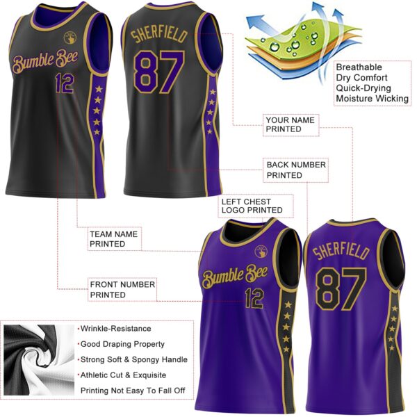 Custom Reversible Black Purple-Old Gold Double Side Star Sublimation Basketball Suit Jersey