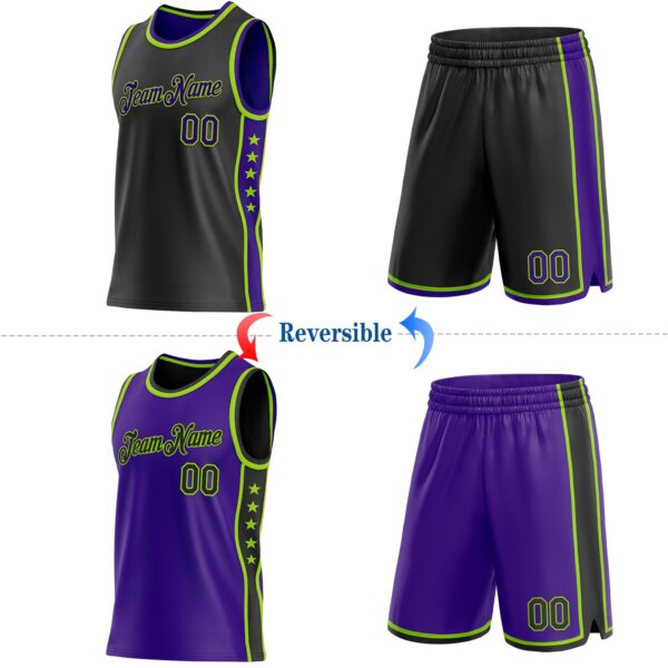 Custom Reversible Black Purple-Neon Green Double Side Star Sublimation Basketball Suit Jersey