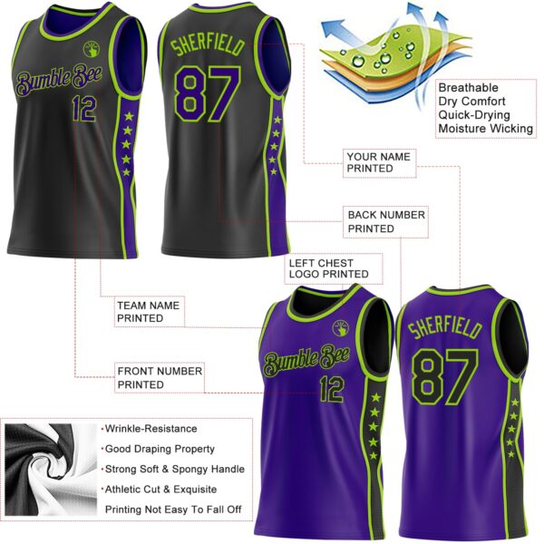 Custom Reversible Black Purple-Neon Green Double Side Star Sublimation Basketball Suit Jersey