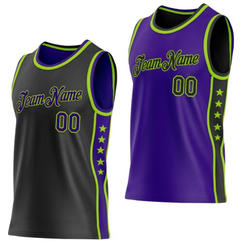 ReversibleD0253 Custom Reversible Black Purple-Neon Green Double Side Star Sublimation Basketball Suit Jersey