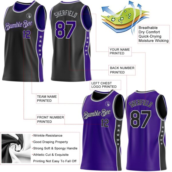 Custom Reversible Black Purple-Gray Double Side Star Sublimation Basketball Suit Jersey