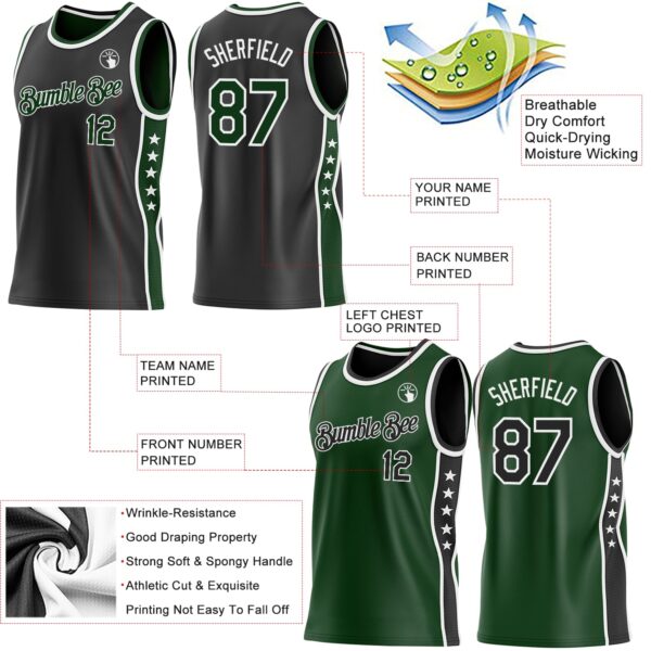 Custom Reversible Black Green-White Double Side Star Sublimation Basketball Suit Jersey