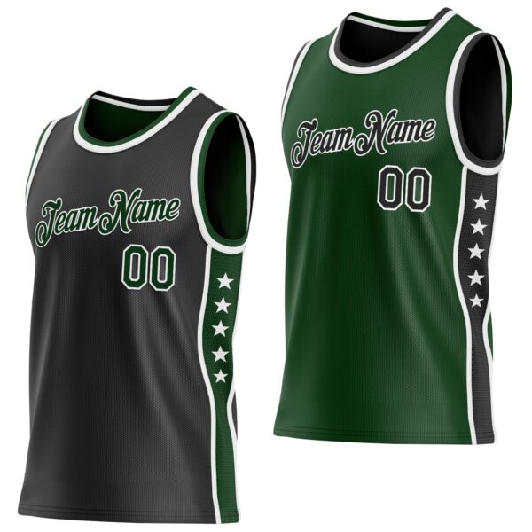 Custom Reversible Black Green-White Double Side Star Sublimation Basketball Suit Jersey