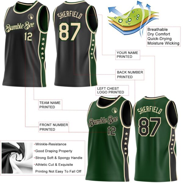 Custom Reversible Black Cream-Green Double Side Star Sublimation Basketball Suit Jersey