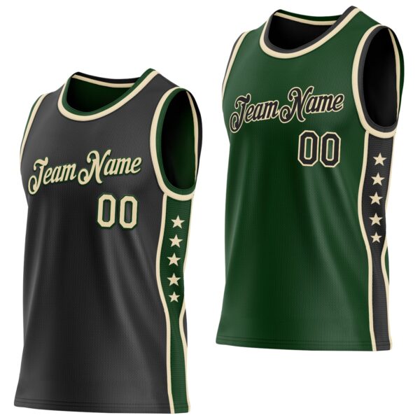 Custom Reversible Black Cream-Green Double Side Star Sublimation Basketball Suit Jersey