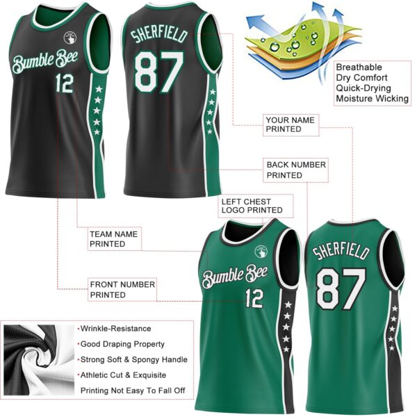 Custom Reversible Black White-Kelly Green Double Side Star Sublimation Basketball Suit Jersey